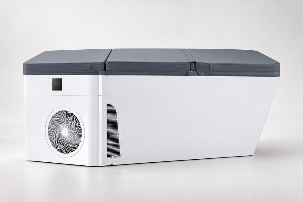 White cold plunge with a grey insulated cover and integrated cooling unit