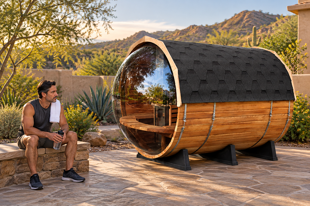 Panoramic barrel sauna on a landscaped terrace beside a seated man