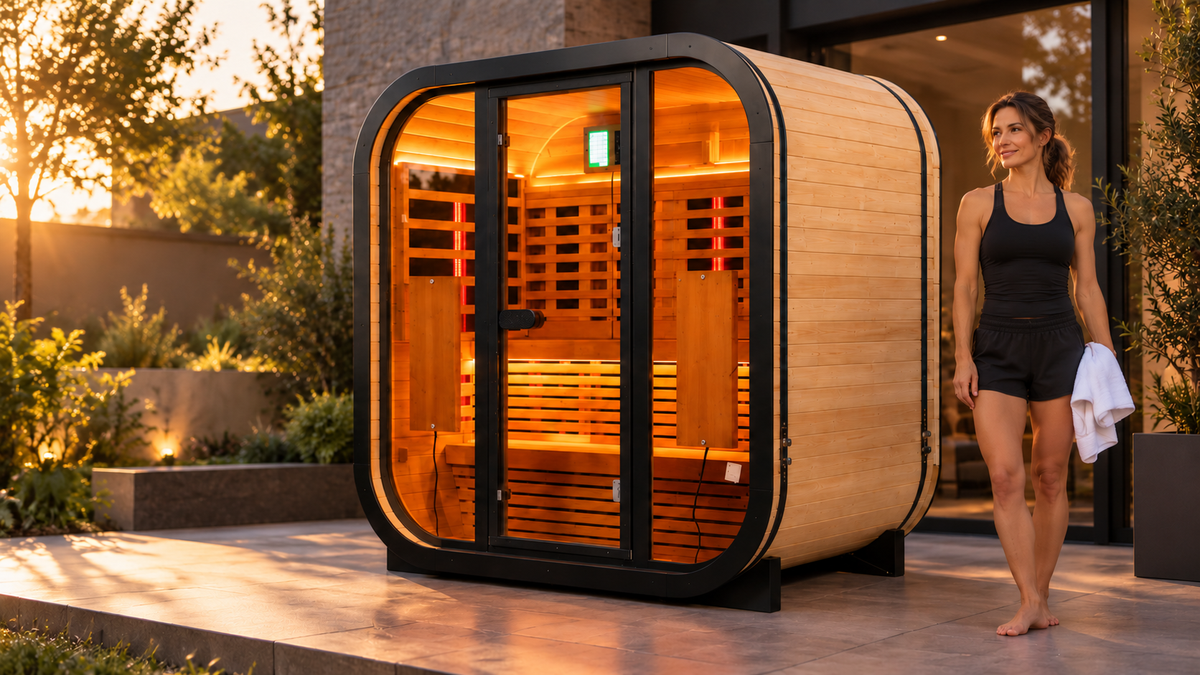 An outdoor sauna on a warm, sunlit terrace beside a woman holding a towel